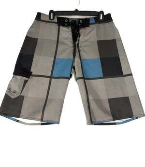Tony Hawk Board Shorts Mens 30 Gray Black Blue Plaid Stretch Cargo Swim Trunks